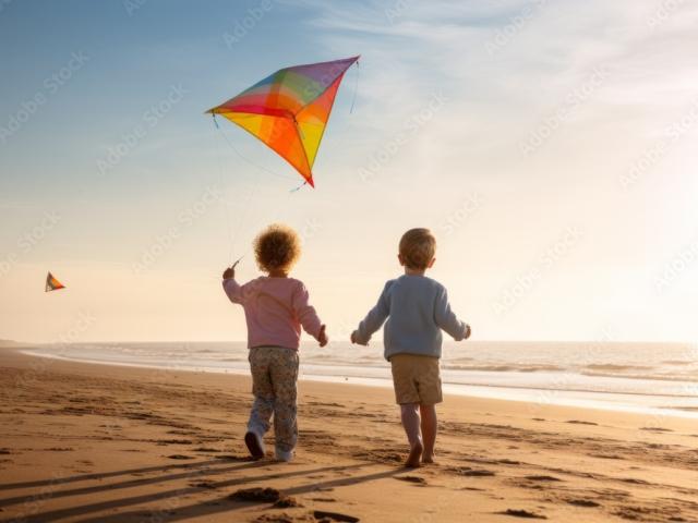 Twee kinderen spelen op het strand met een vlieger